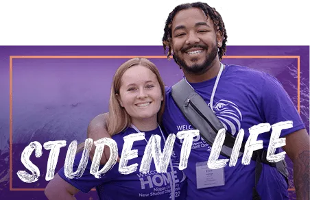 Two students in NU gear with text student life