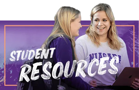 two female student in NU gear with text student resources