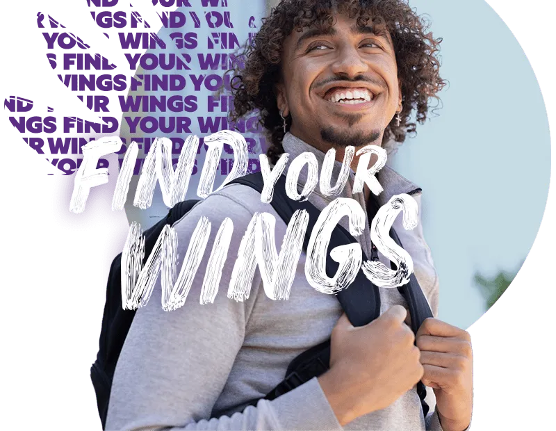 Male NU student with backpack and Find Your Wings text